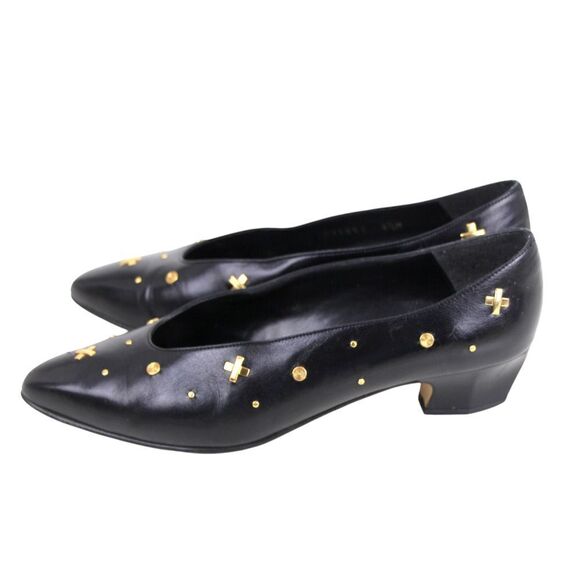 VTG Town Shoes BLACK REAL LEATHER POINTED MID HEEL STUDS CLASSIC PUMP SHOES 6.5M - Picture 3 of 11